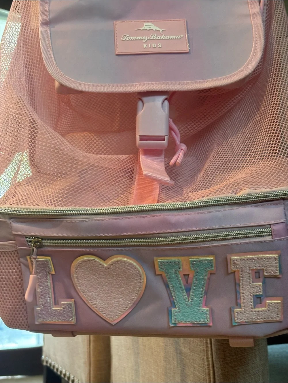 Tommy Bahama Kids Pink Mesh 'LOVE' Backpack/ Insulated Cooler- Beach Bag - NWOT